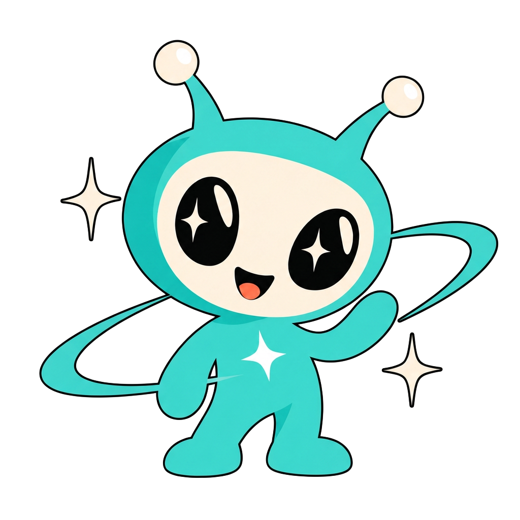 Moots, the friendly aqua alien mascot, waving